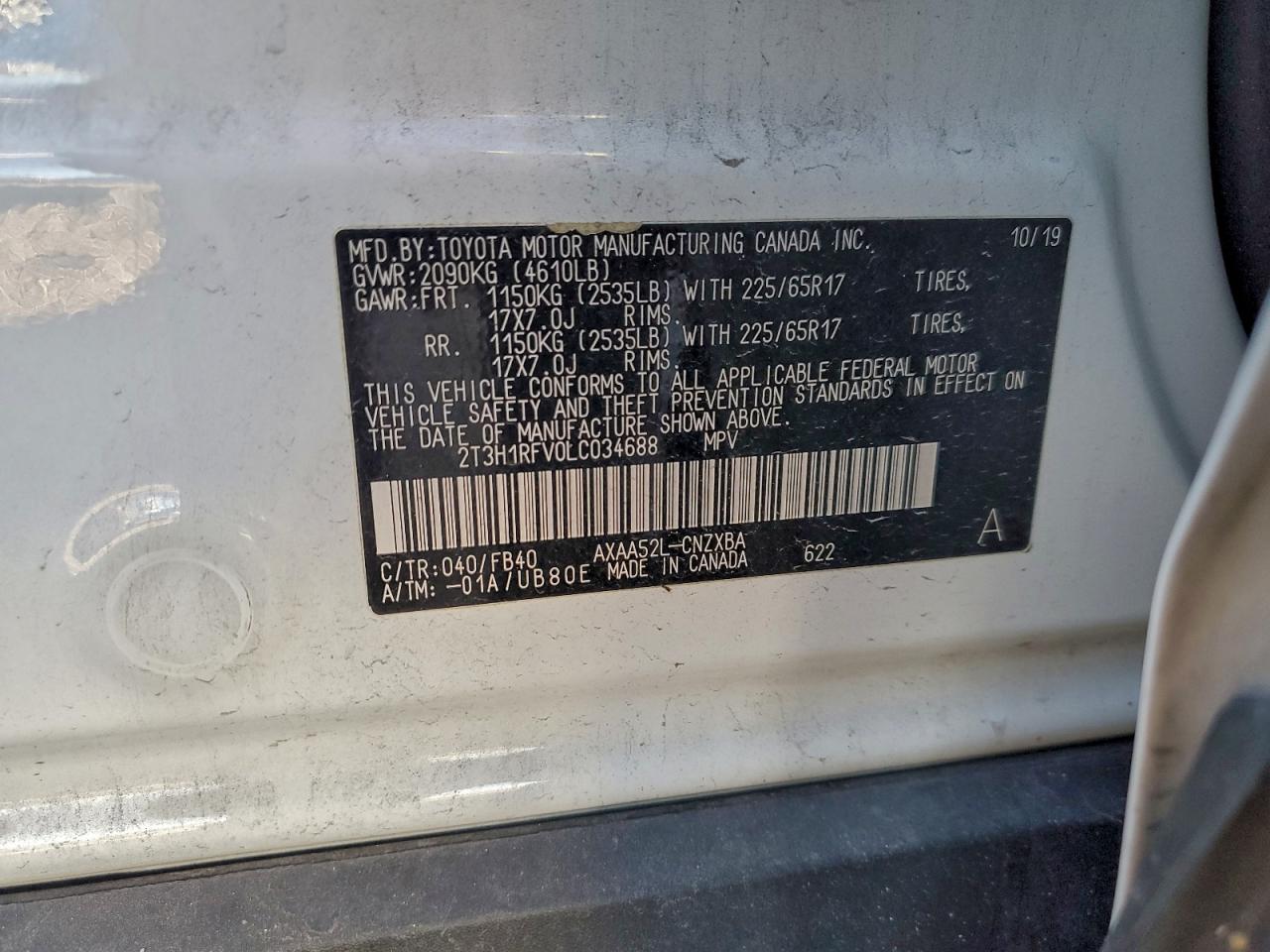 2020 Toyota Rav4 Le VIN: 2T3H1RFV0LC034688 Lot: 93948165