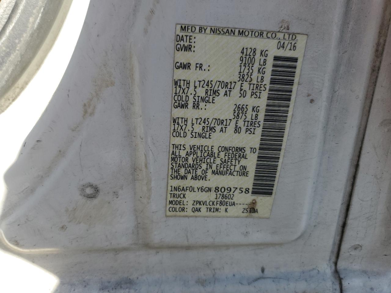 2016 Nissan Nv 2500 Delivery Van VIN: 1N6AF0LY6GN809758 Lot: 92641925