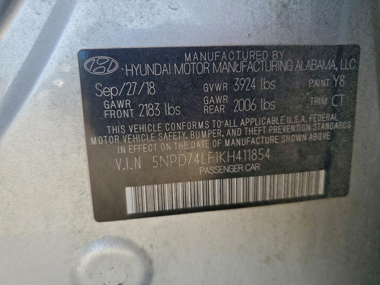 2019 Hyundai Elantra Se VIN: 5NPD74LF1KH411854 Lot: 93914355