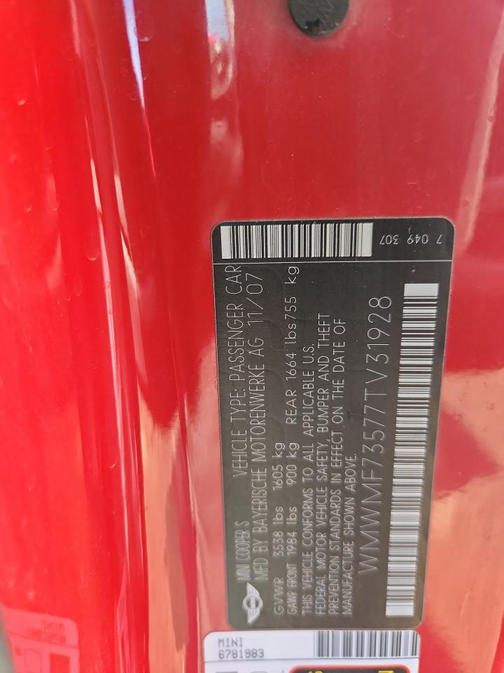 2007 Mini Cooper S VIN: WMWMF73577TV31928 Lot: 91927025