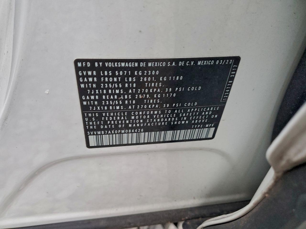 2023 Volkswagen Tiguan Se VIN: 3VVMB7AX0PM084426 Lot: 94135315