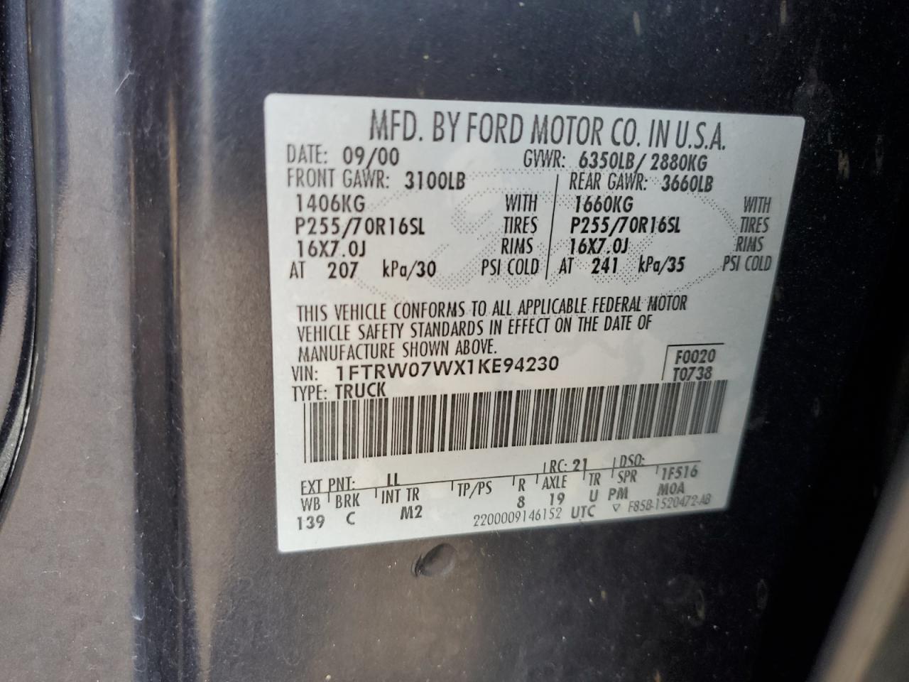 2001 Ford F150 Supercrew VIN: 1FTRW07WX1KE94230 Lot: 93042085