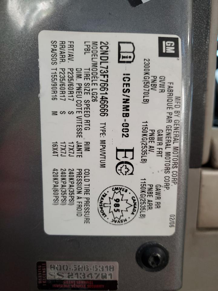 2006 Chevrolet Equinox Lt VIN: 2CNDL73F766146666 Lot: 93522845