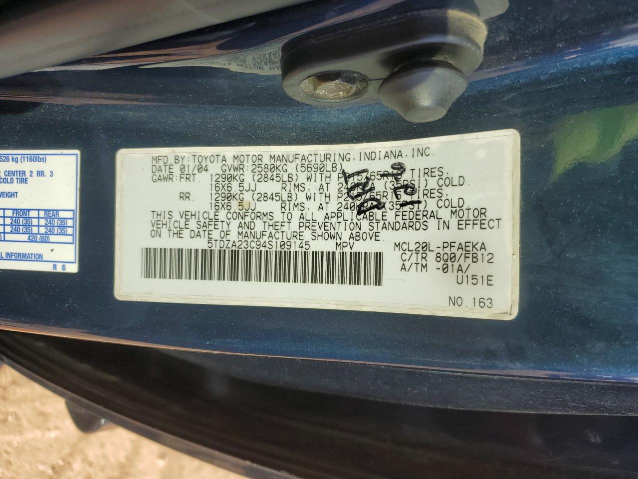 2004 Toyota Sienna Ce VIN: 5TDZA23C94S109145 Lot: 93260935