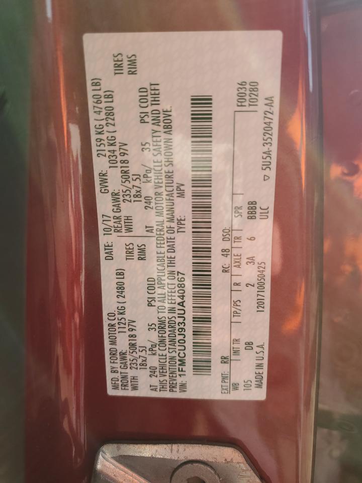 2018 Ford Escape Titanium VIN: 1FMCU0J93JUA40867 Lot: 92280115