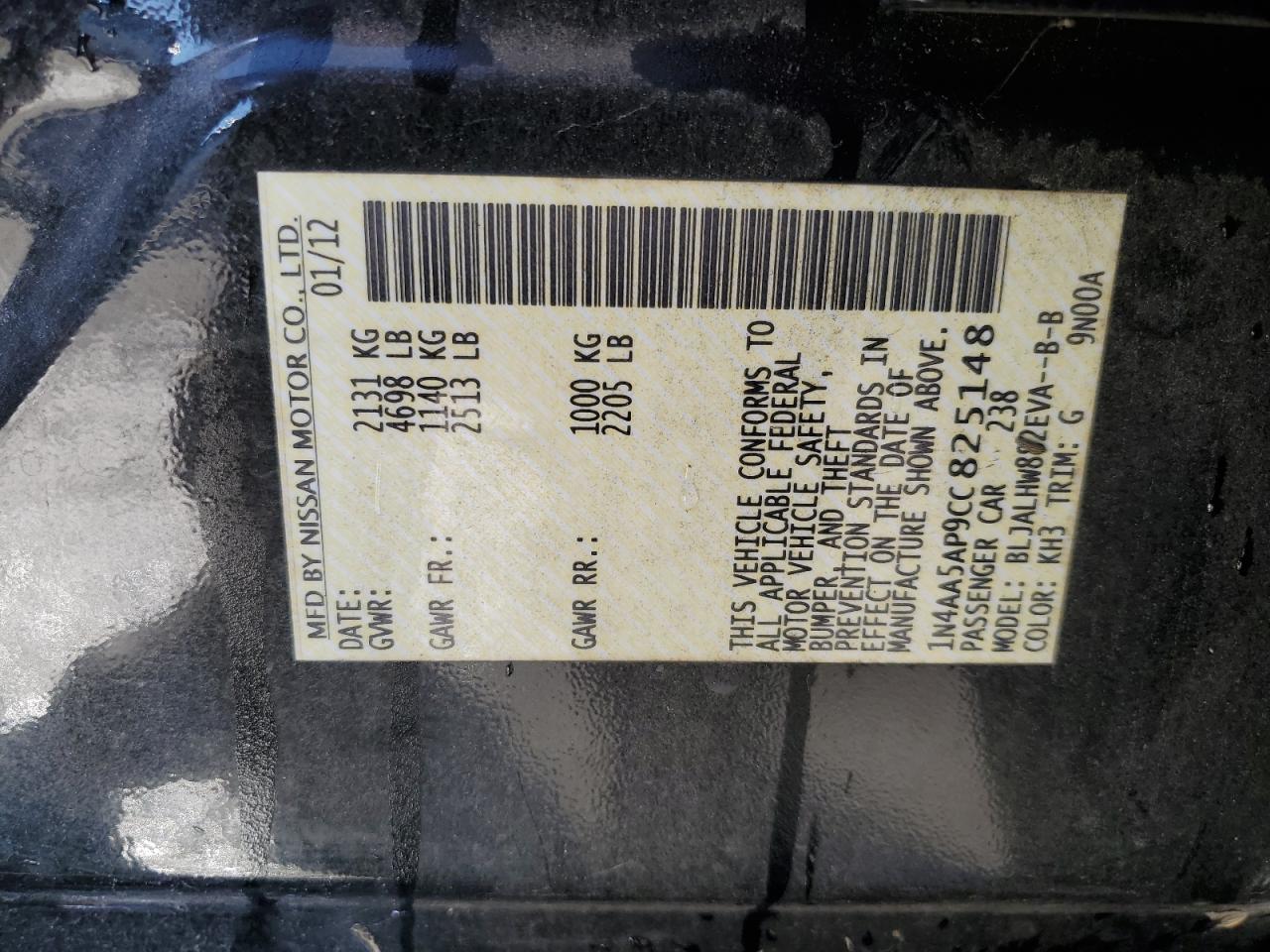 2012 Nissan Maxima S VIN: 1N4AA5AP9CC825148 Lot: 91784735