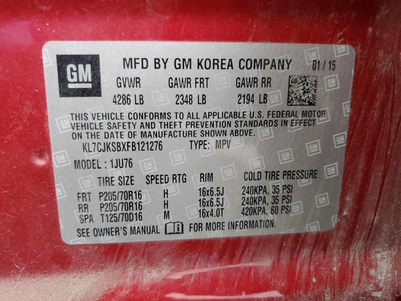 2015 Chevrolet Trax Ls VIN: KL7CJKSBXFB121276 Lot: 93733505