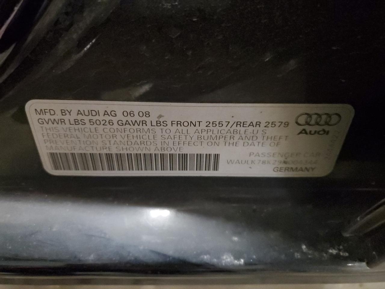 2009 Audi A4 3.2 Quattro VIN: WAULK78K29N004344 Lot: 93713235