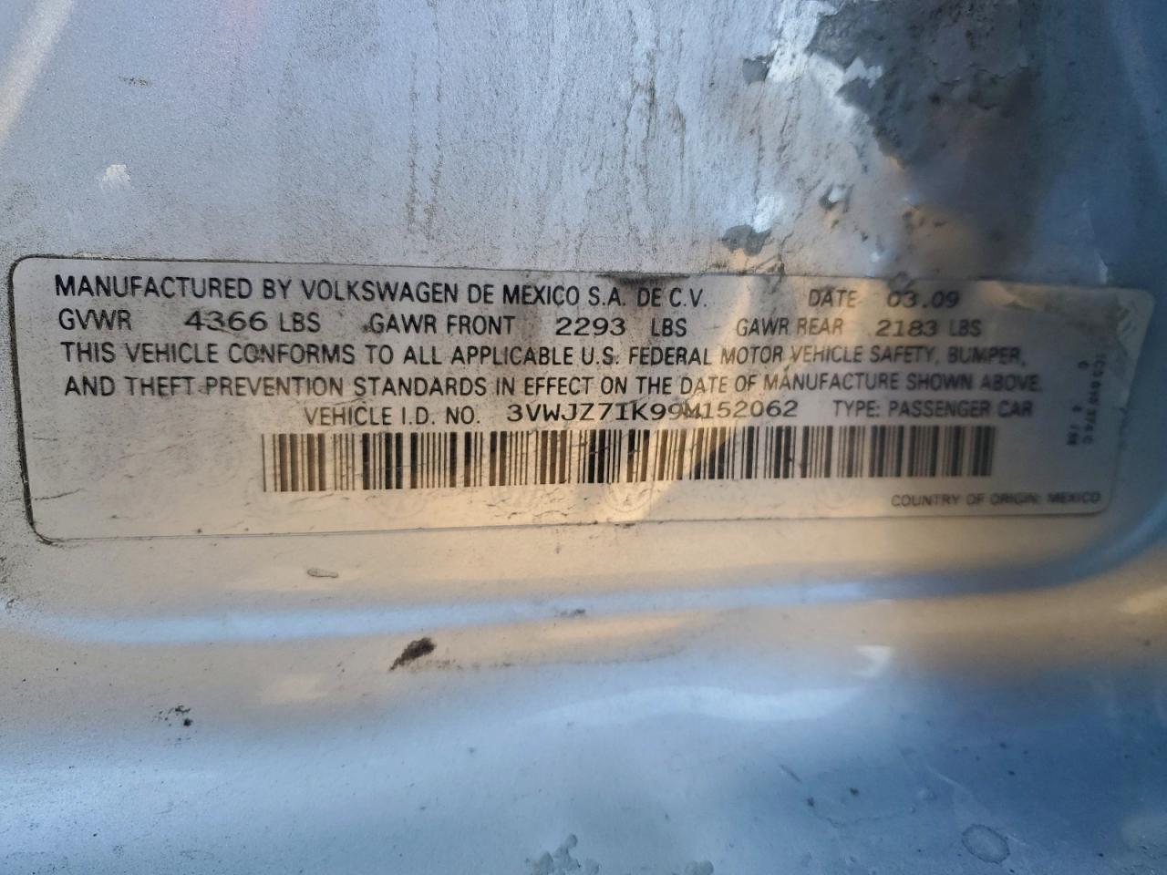 2009 Volkswagen Jetta S VIN: 3VWJZ71K99M152062 Lot: 94474035