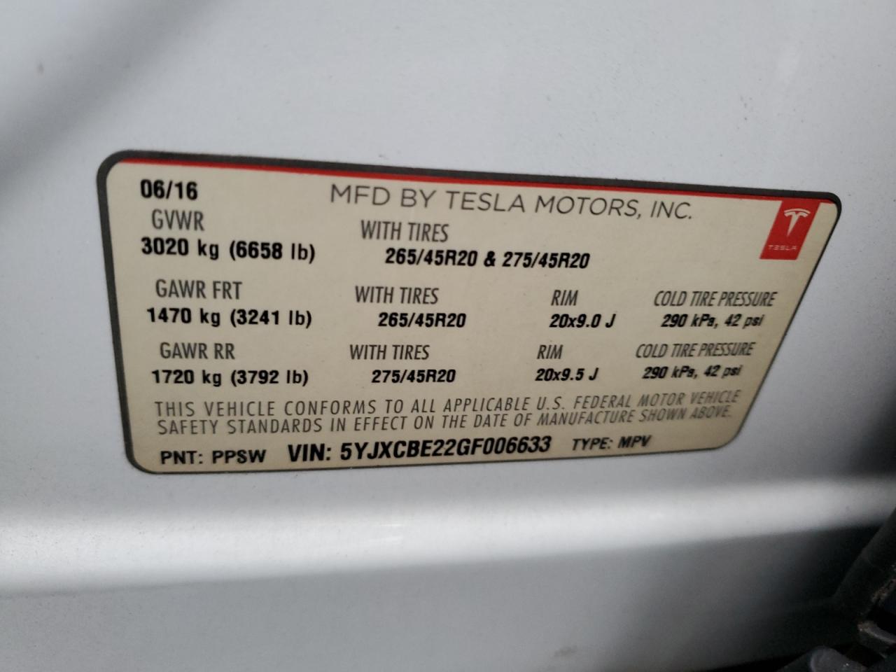 2016 Tesla Model X VIN: 5YJXCBE22GF006633 Lot: 92647515