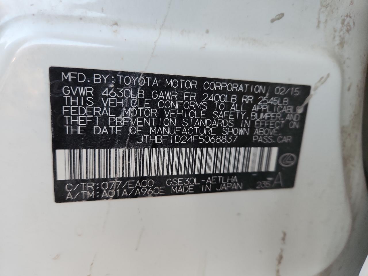 2015 Lexus Is 250 VIN: JTHBF1D24F5068837 Lot: 91854225