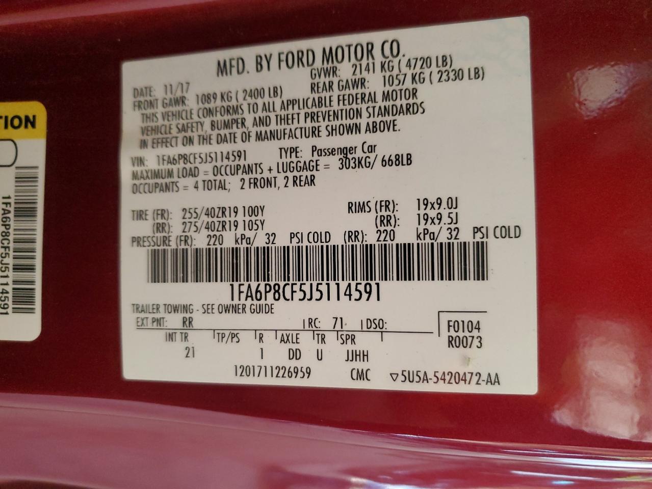 2018 Ford Mustang Gt VIN: 1FA6P8CF5J5114591 Lot: 92043385