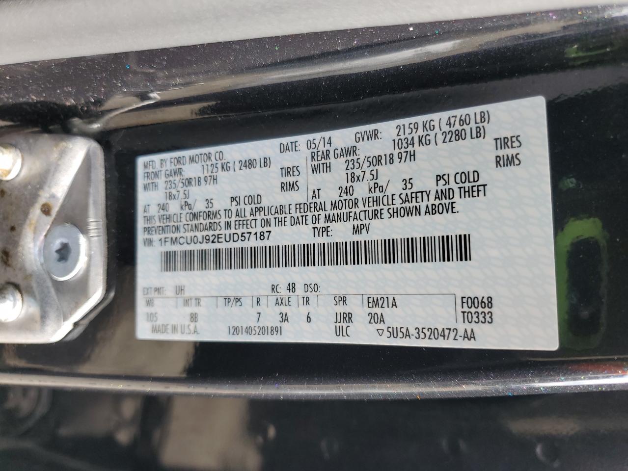 2014 Ford Escape Titanium VIN: 1FMCU0J92EUD57187 Lot: 93425185