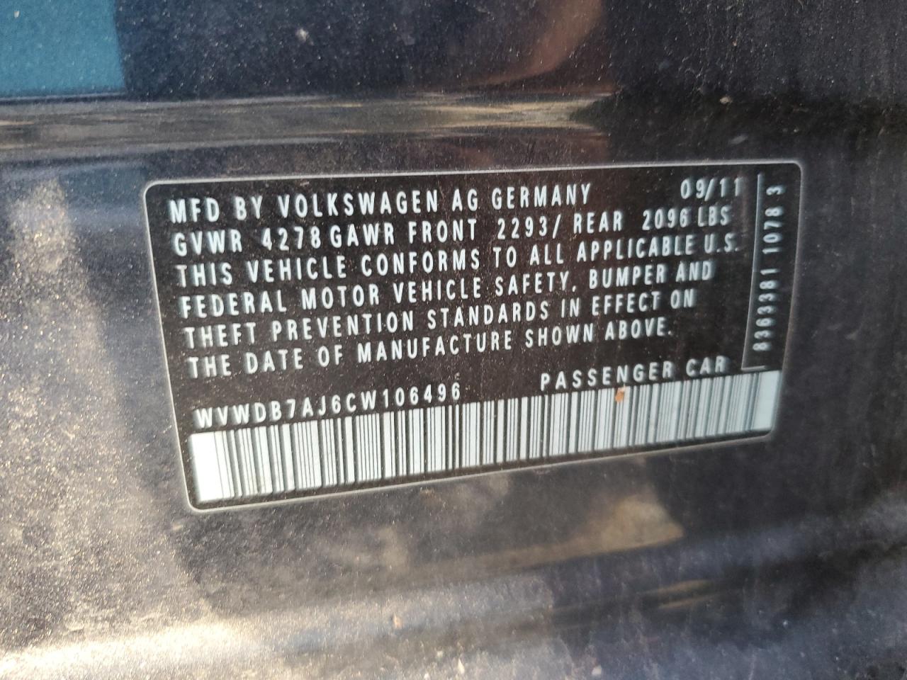 2012 Volkswagen Golf VIN: WVWDB7AJ6CW106496 Lot: 92637575