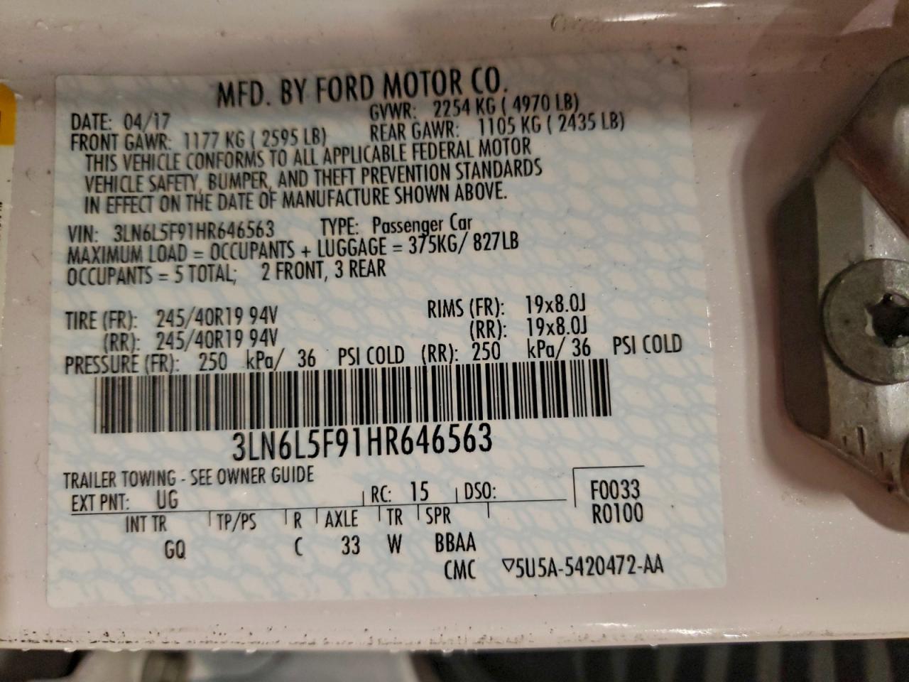 2017 Lincoln Mkz Reserve VIN: 3LN6L5F91HR646563 Lot: 94546735