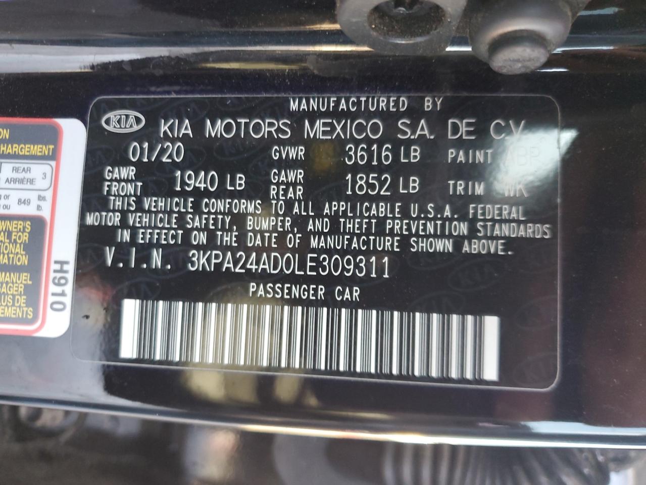 2020 Kia Rio Lx VIN: 3KPA24AD0LE309311 Lot: 92618295