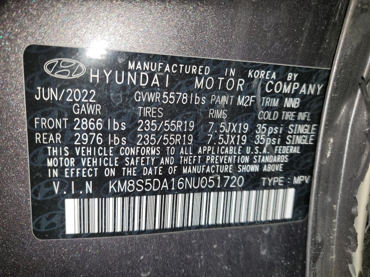 2022 Hyundai Santa Fe Limited VIN: KM8S5DA16NU051720 Lot: 91201725