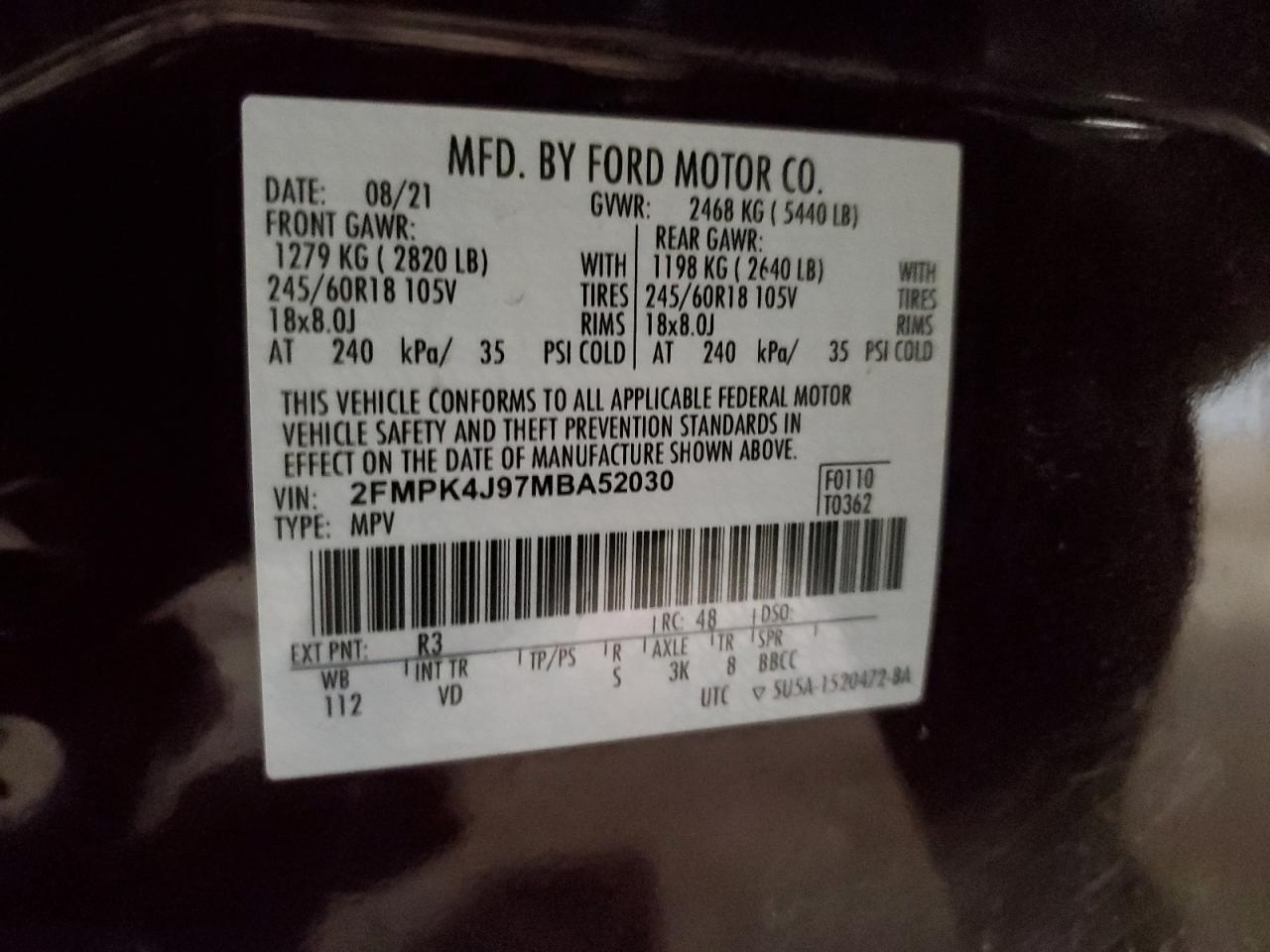 2021 Ford Edge Sel VIN: 2FMPK4J97MBA52030 Lot: 93342405