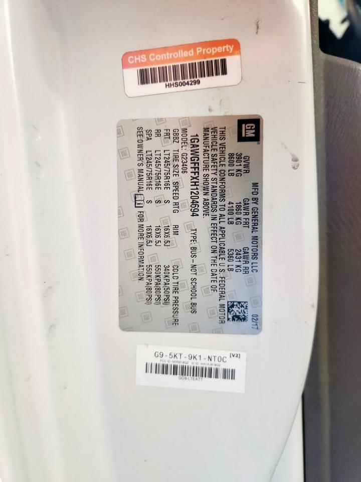 2017 Chevrolet Express G2500 Lt VIN: 1GAWGFFFXH1204694 Lot: 92673135