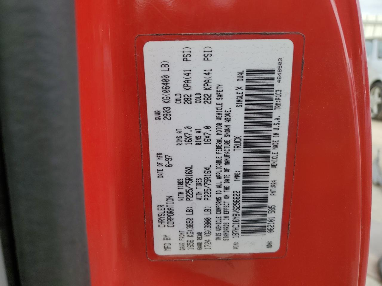 1997 Dodge Ram 1500 VIN: 1B7HC16Y8VS296622 Lot: 91822705