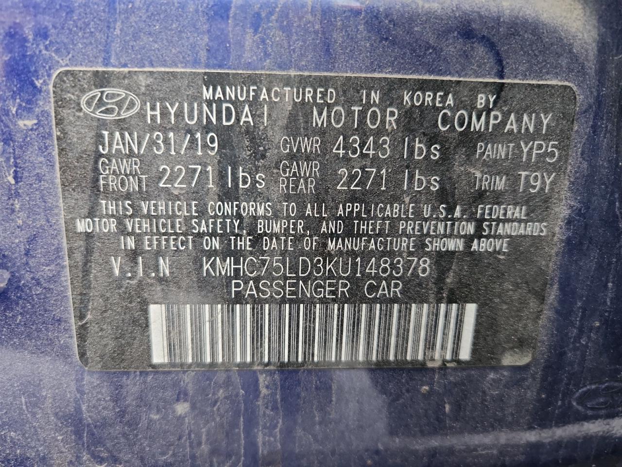 2019 Hyundai Ioniq Limited VIN: KMHC75LD3KU148378 Lot: 93476965