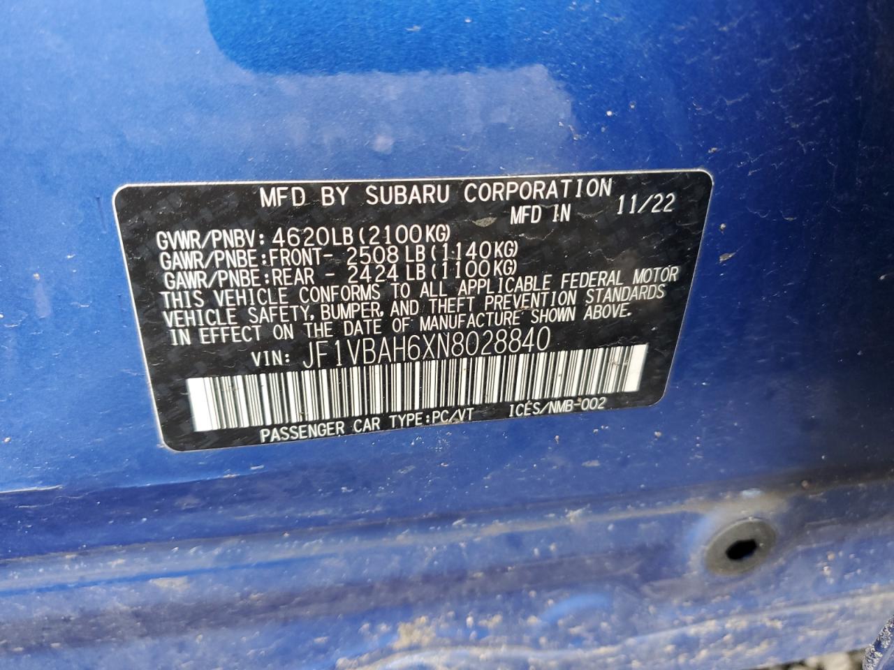 2022 Subaru Wrx Premium VIN: JF1VBAH6XN8028840 Lot: 92875275