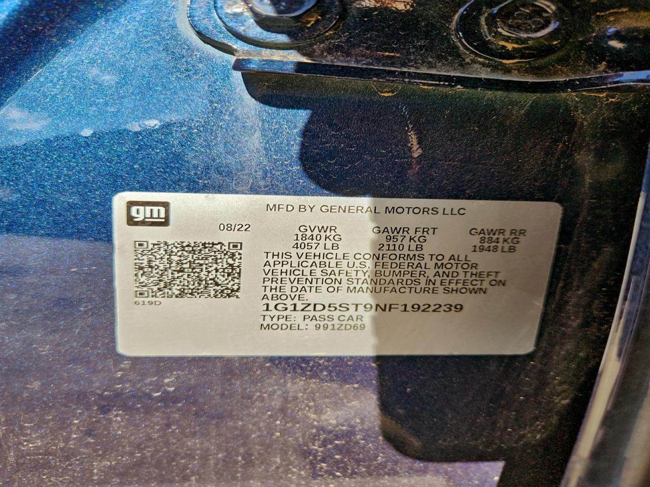 2022 Chevrolet Malibu Lt VIN: 1G1ZD5ST9NF192239 Lot: 94175215