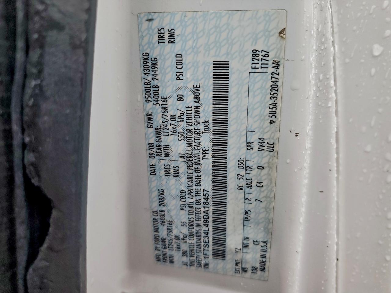 2009 Ford Econoline E350 Super Duty Van VIN: 1FTSE34L49DA18457 Lot: 93710745