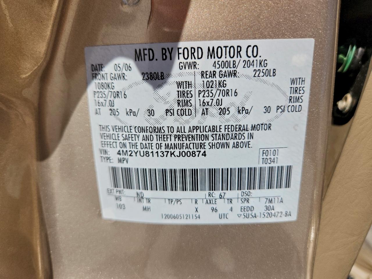 2007 Mercury Mariner Luxury VIN: 4M2YU81137KJ00874 Lot: 94582565