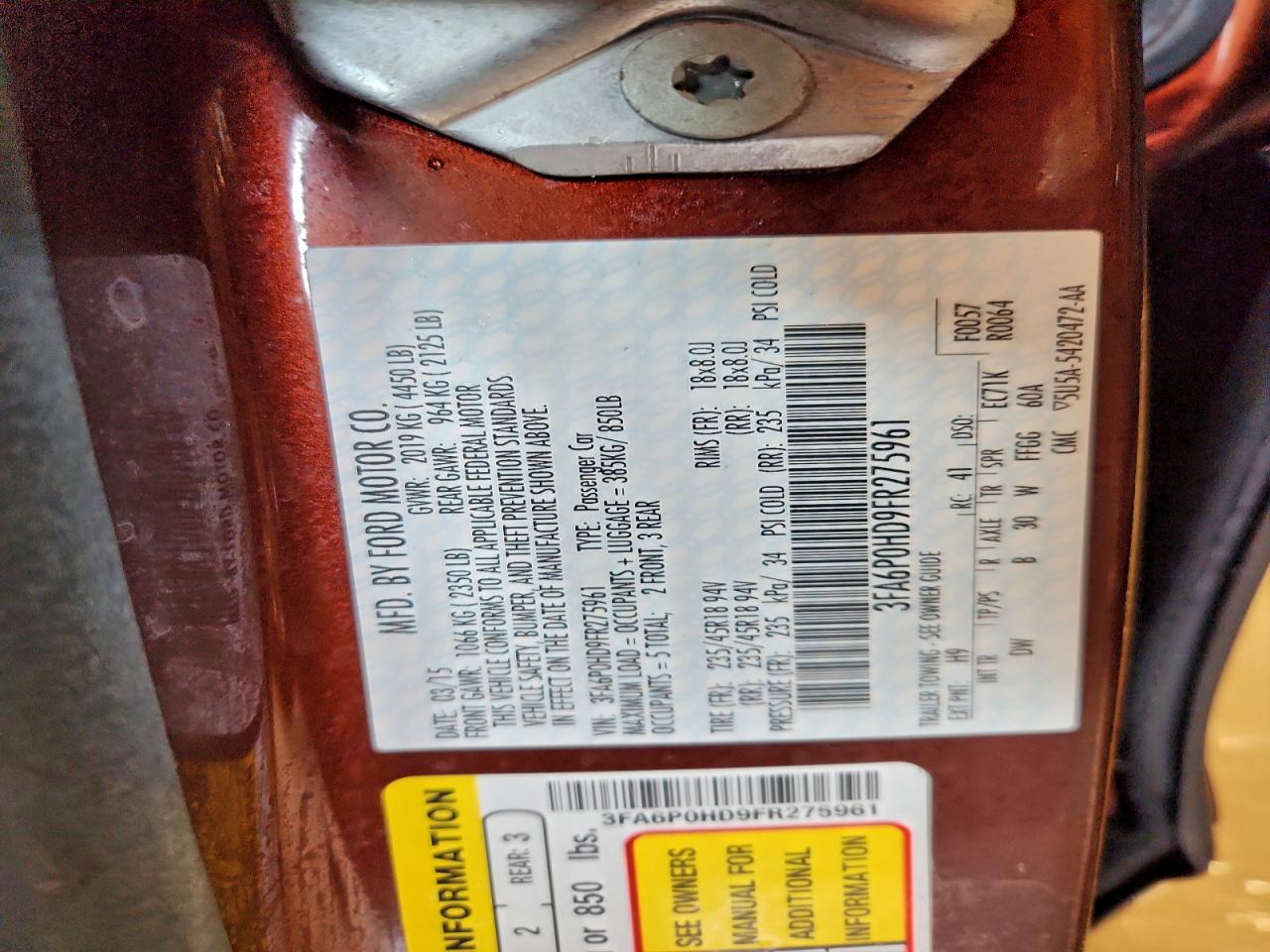 2015 Ford Fusion Se VIN: 3FA6P0HD9FR275961 Lot: 93474125