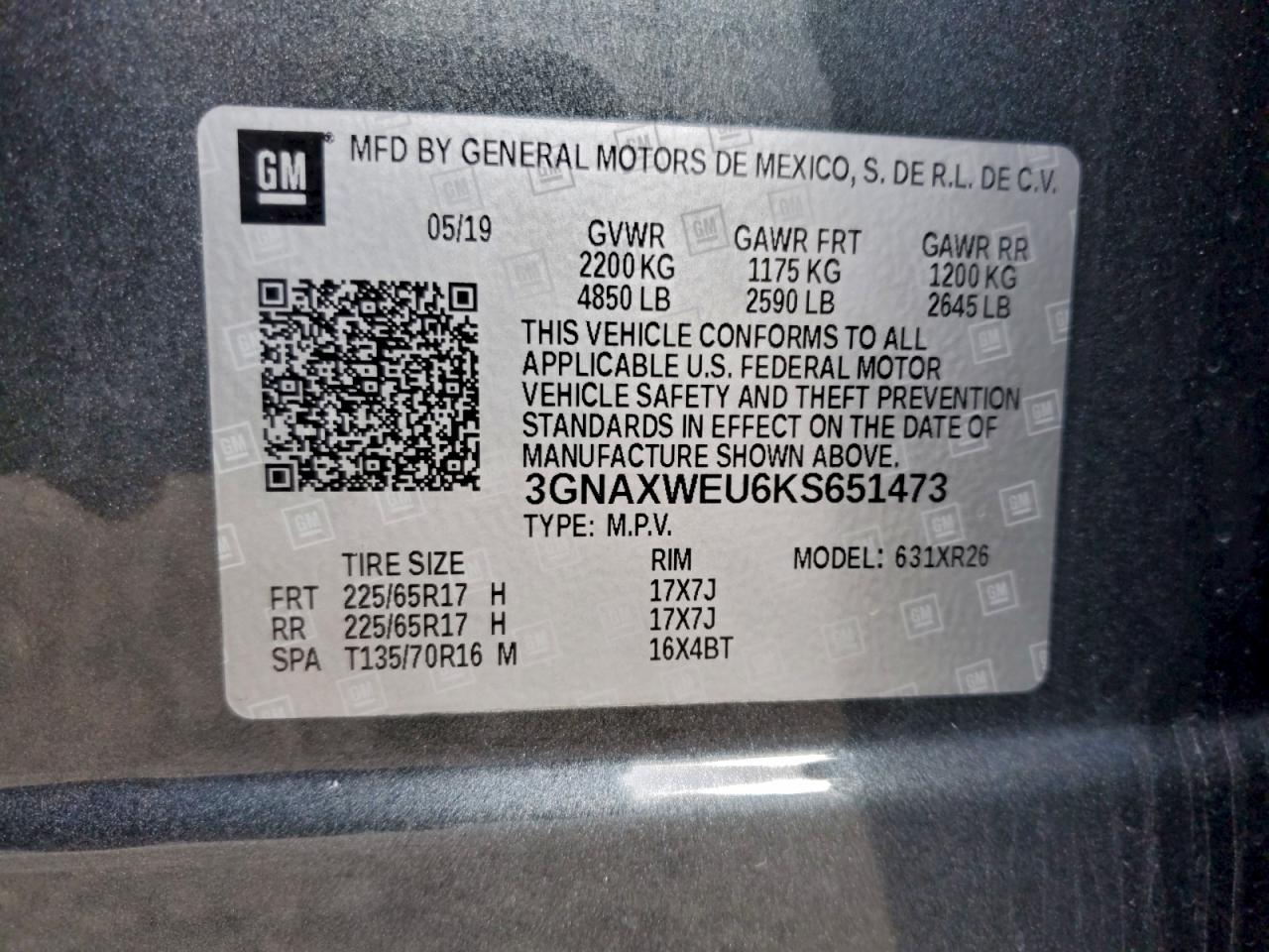 2019 Chevrolet Equinox Lt VIN: 3GNAXWEU6KS514730 Lot: 93648395