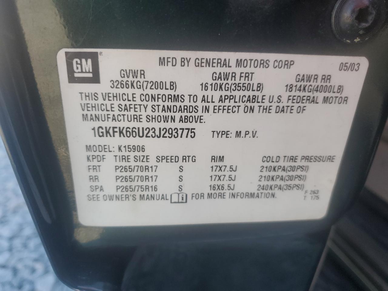 2003 GMC Yukon Xl Denali VIN: 1GKFK66U23J293775 Lot: 93889075