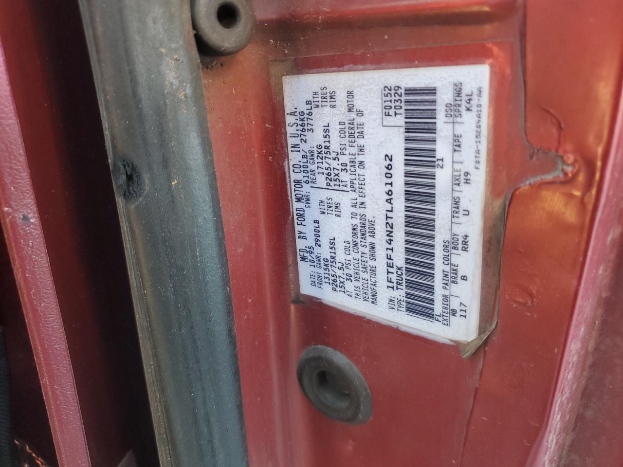 1996 Ford F150 VIN: 1FTEF14N2TLA61062 Lot: 92090645