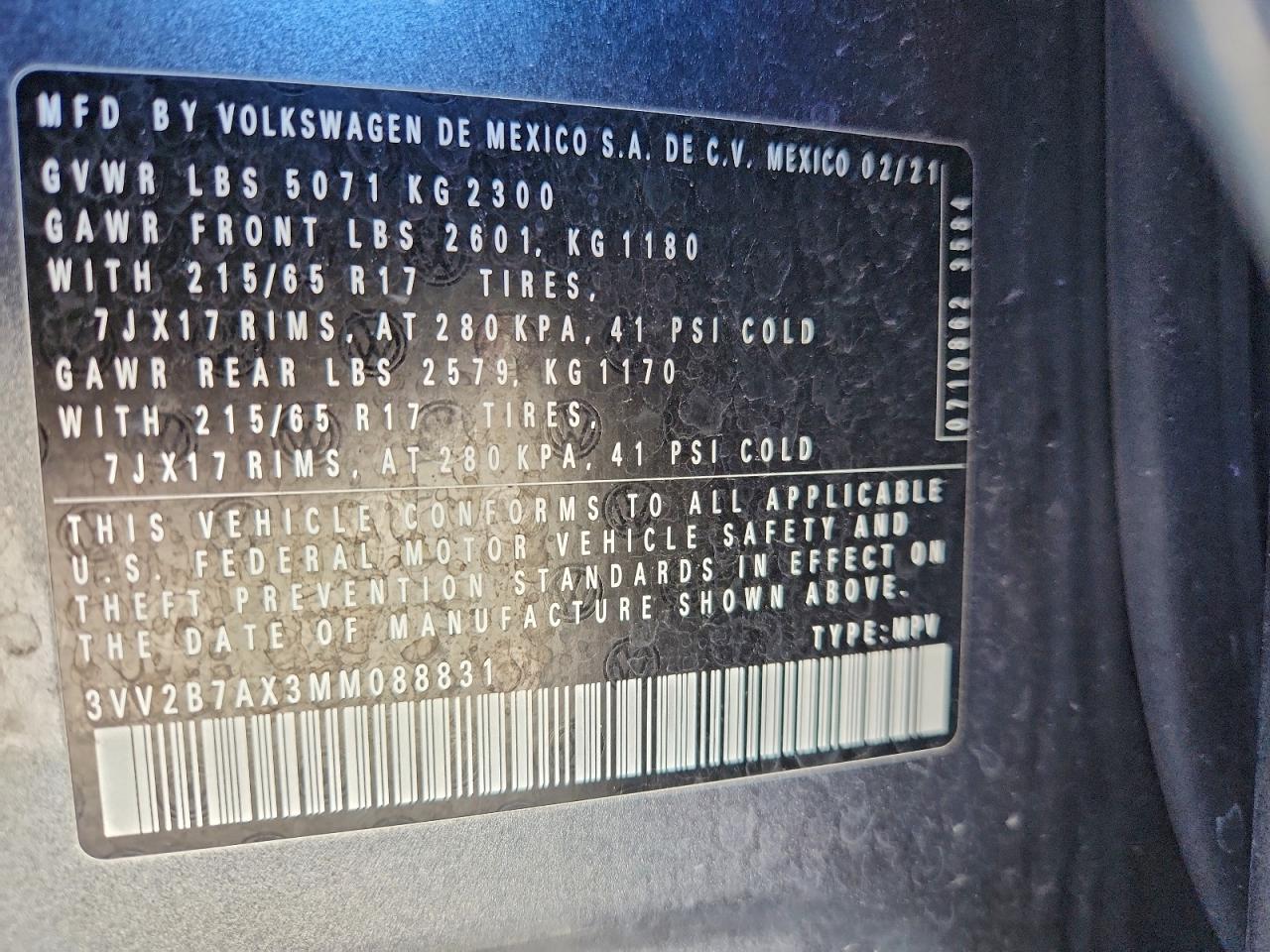 2021 Volkswagen Tiguan Se VIN: 3VV2B7AX3MM088831 Lot: 93382875