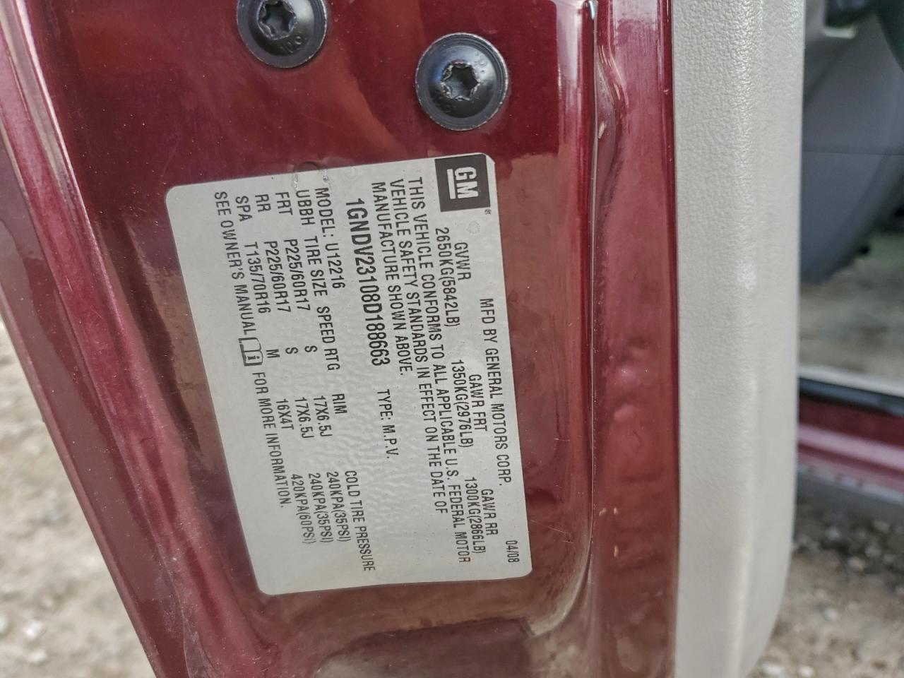 2008 Chevrolet Uplander Ls VIN: 1GNDV23108D188663 Lot: 93674695