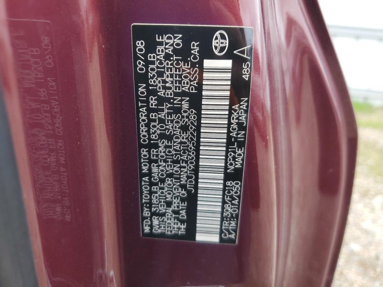 2009 Toyota Yaris VIN: JTDJT903695229289 Lot: 91908595