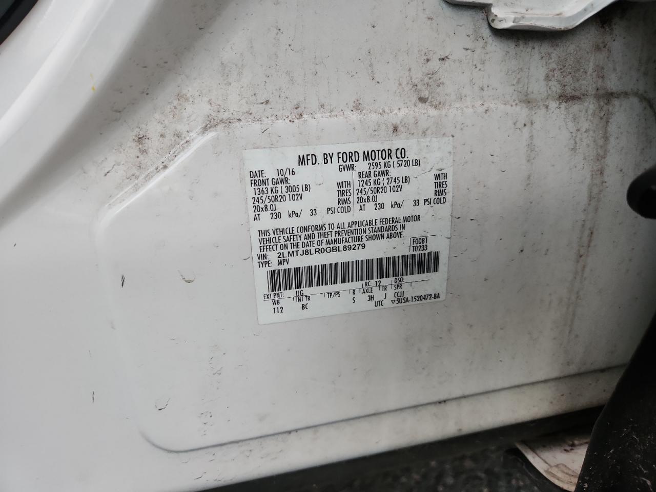 2016 Lincoln Mkx Reserve VIN: 2LMTJ8LR0GBL89279 Lot: 92397595