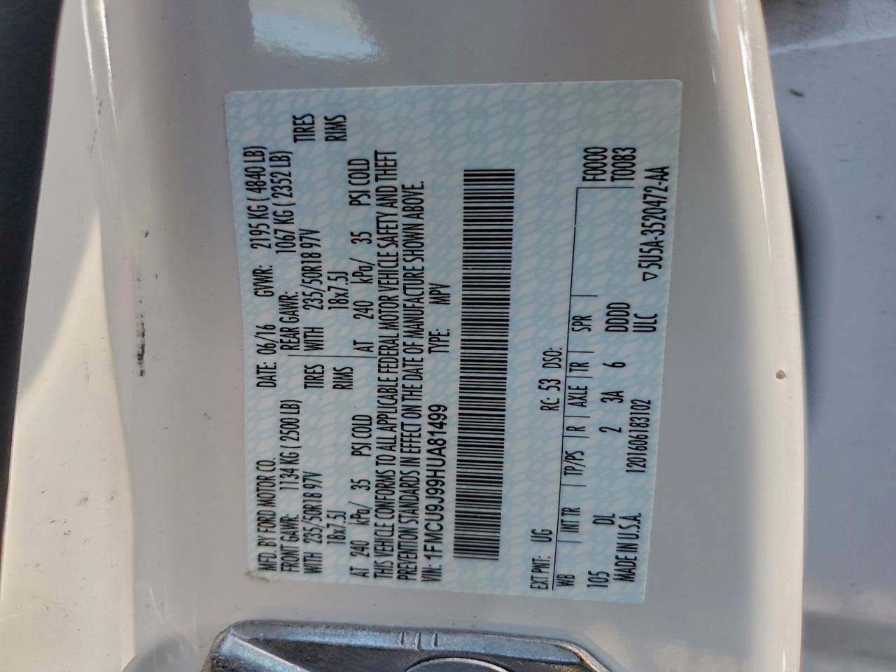 2017 Ford Escape Titanium VIN: 1FMCU9J99HUA81499 Lot: 94080905