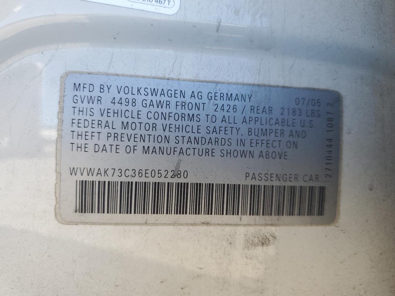 2006 Volkswagen Passat 2.0T VIN: WVWAK73C36E052280 Lot: 90759175