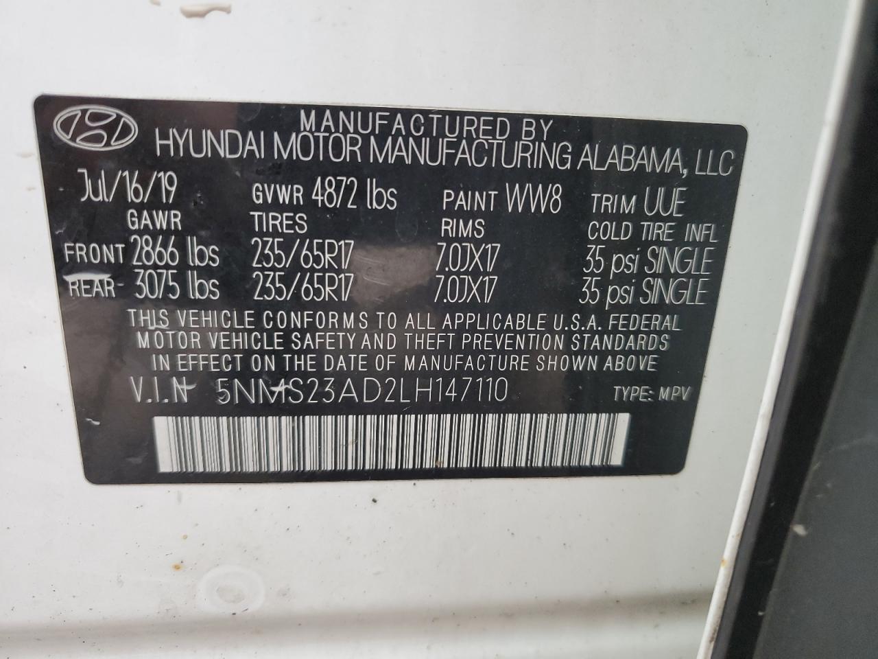 2020 Hyundai Santa Fe Se VIN: 5NMS23AD2LH147110 Lot: 92696285