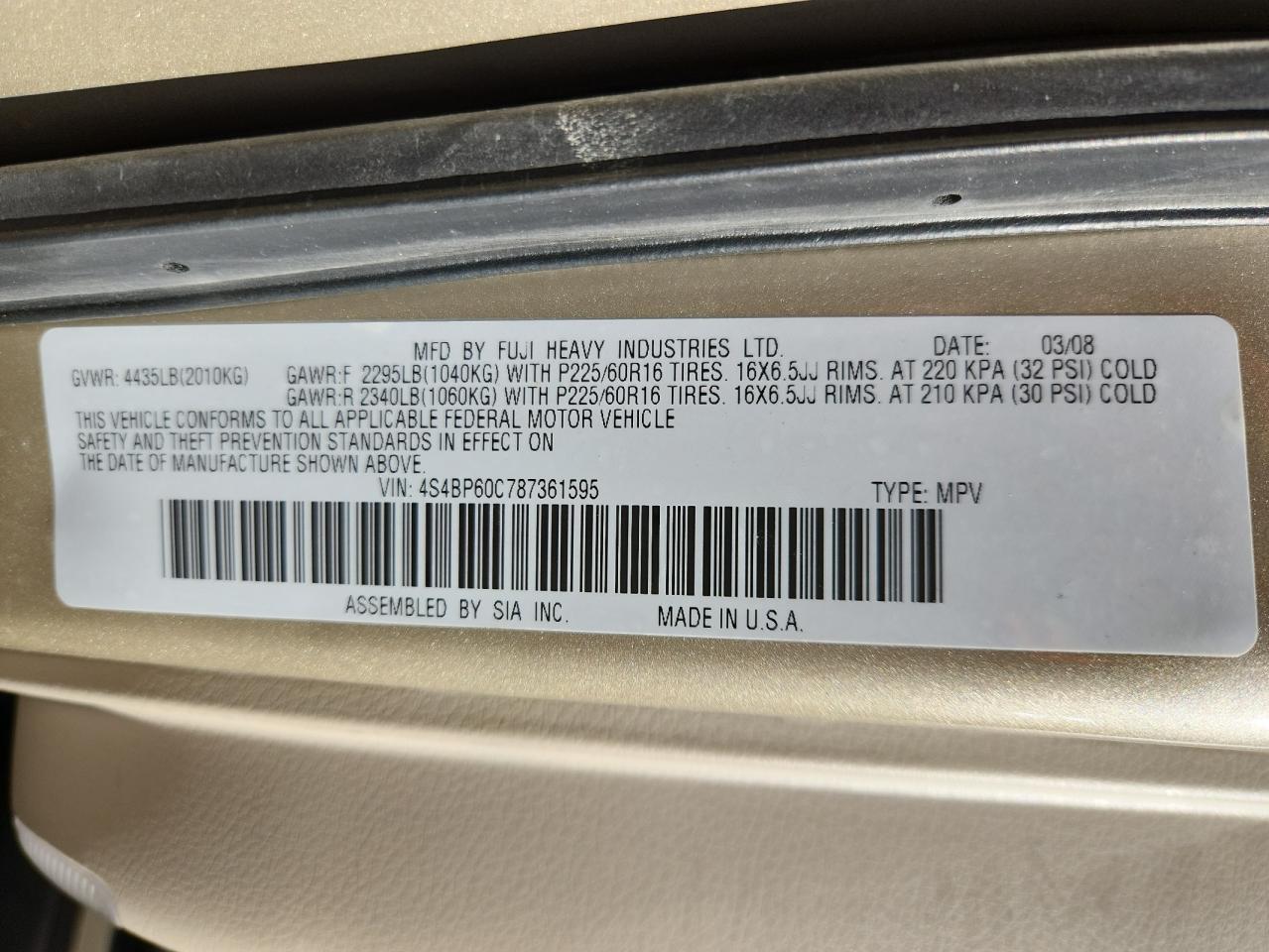 2008 Subaru Outback VIN: 4S4BP60C787361595 Lot: 93201415