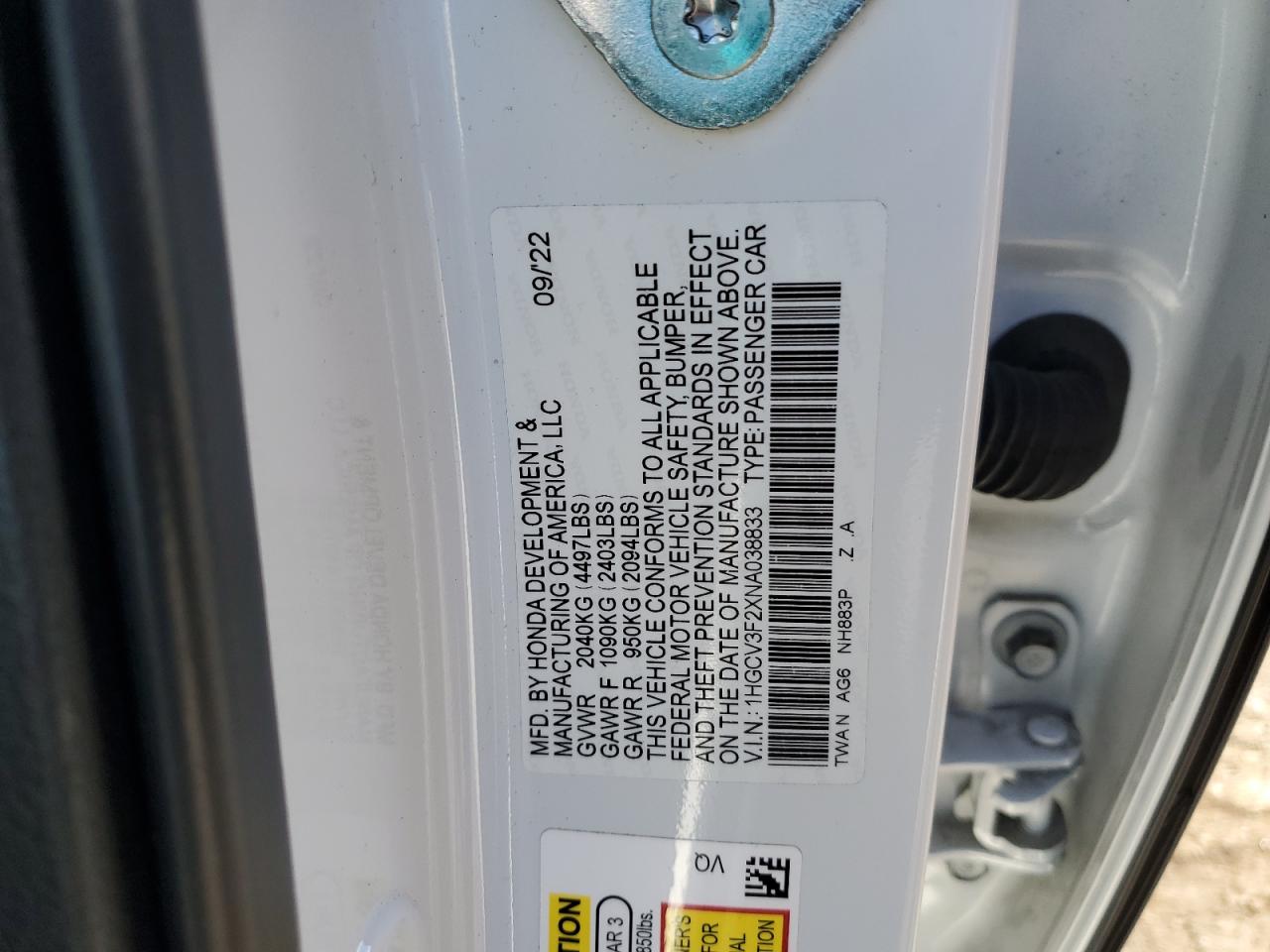 2022 Honda Accord Hybrid Sport VIN: 1HGCV3F2XNA038833 Lot: 92327115