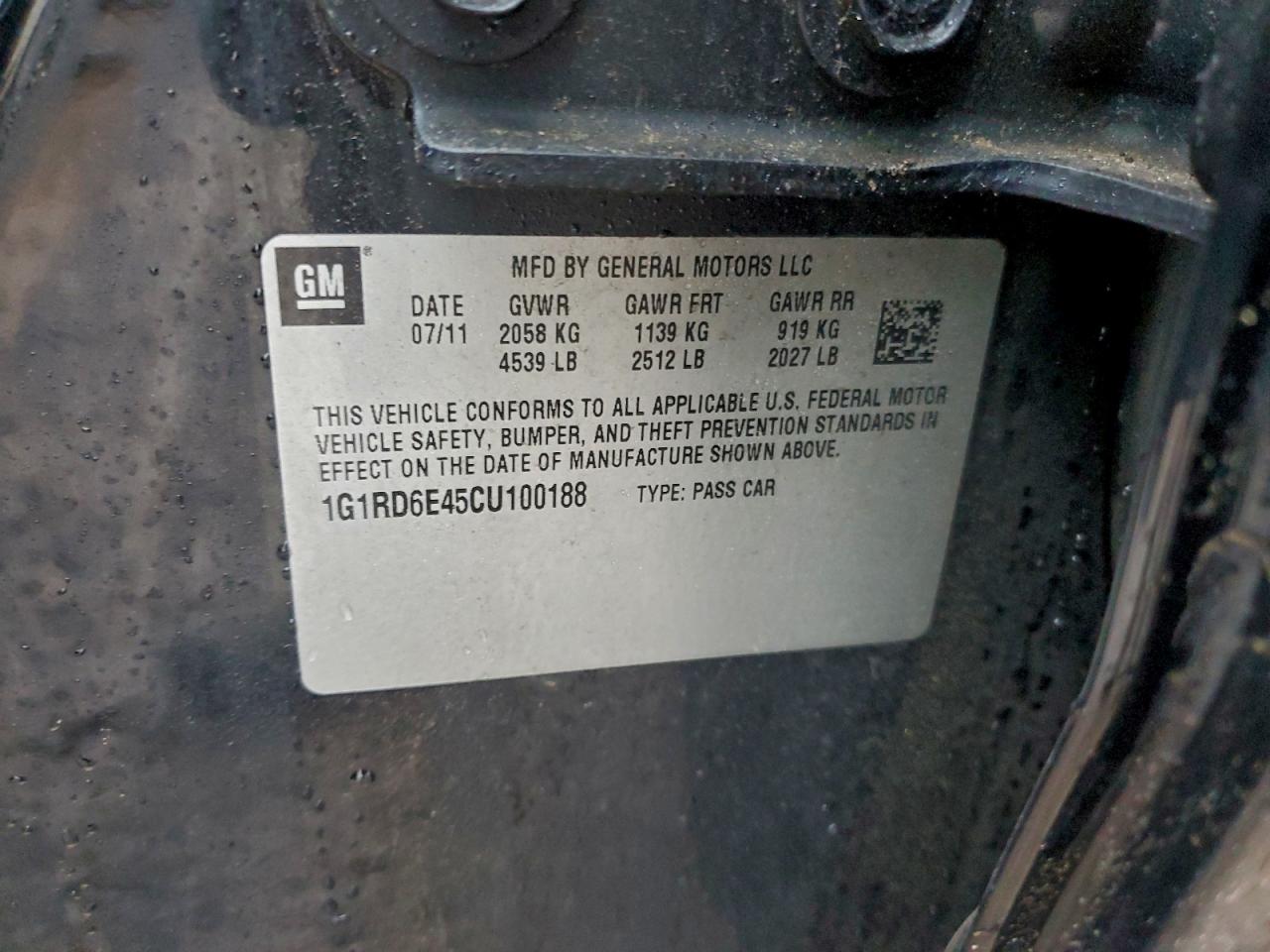 2012 Chevrolet Volt VIN: 1G1RD6E45CU100188 Lot: 94542235