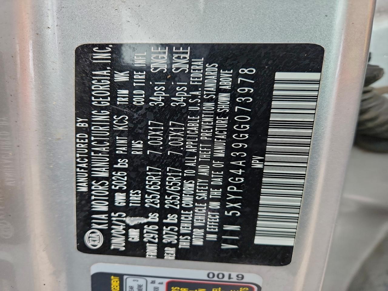 2016 Kia Sorento Lx VIN: 5XYPG4A39GG073978 Lot: 93752305