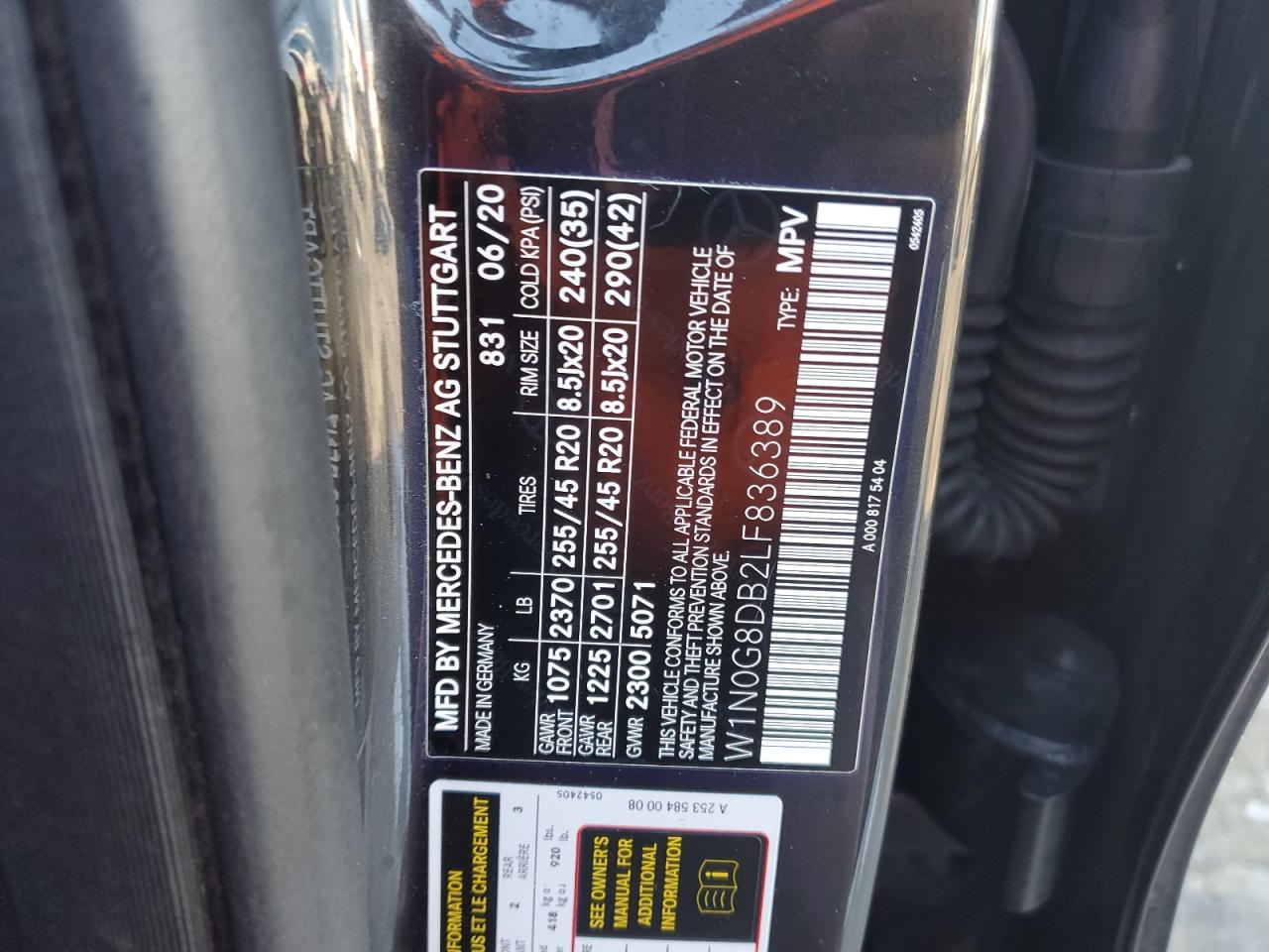 2020 Mercedes-Benz Glc 300 VIN: W1N0G8DB2LF836389 Lot: 93669575