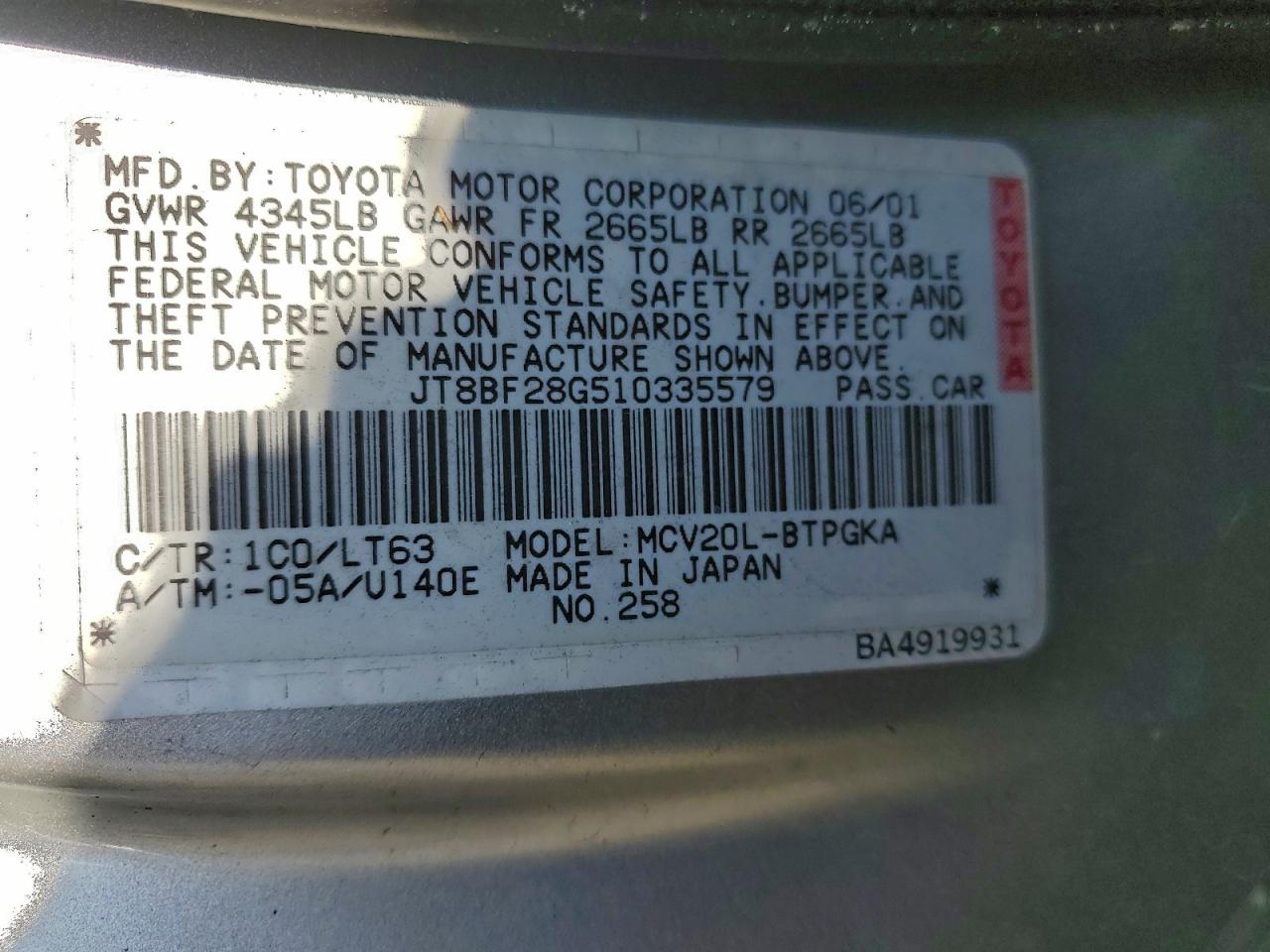 2001 Lexus Es 300 VIN: JT8BF28G510335579 Lot: 94359645