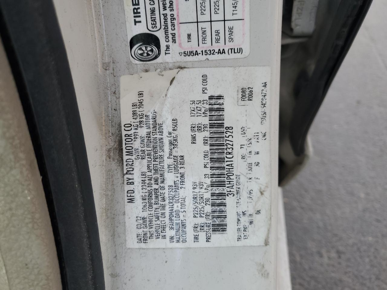 2012 Ford Fusion Se VIN: 3FAHP0HA1CR327528 Lot: 91311955