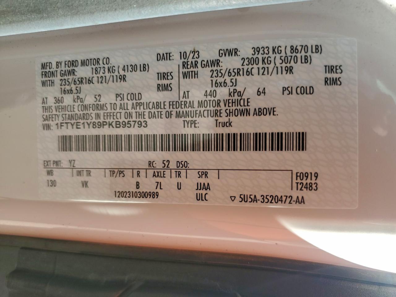 2023 Ford Transit T-150 VIN: 1FTYE1Y89PKB95793 Lot: 93945025