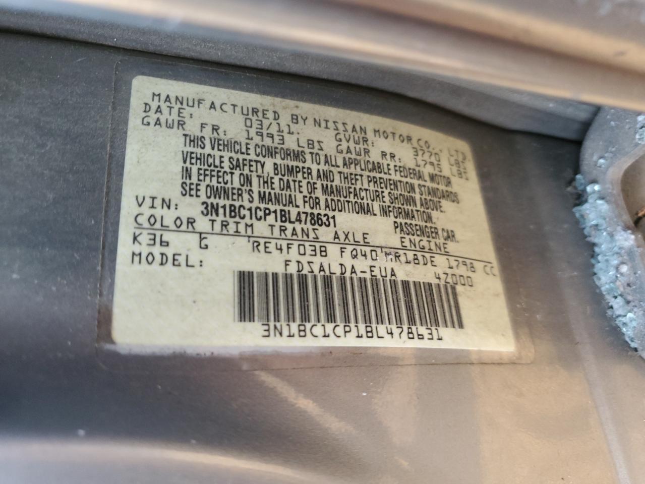 2011 Nissan Versa S VIN: 3N1BC1CP1BL478631 Lot: 93851425