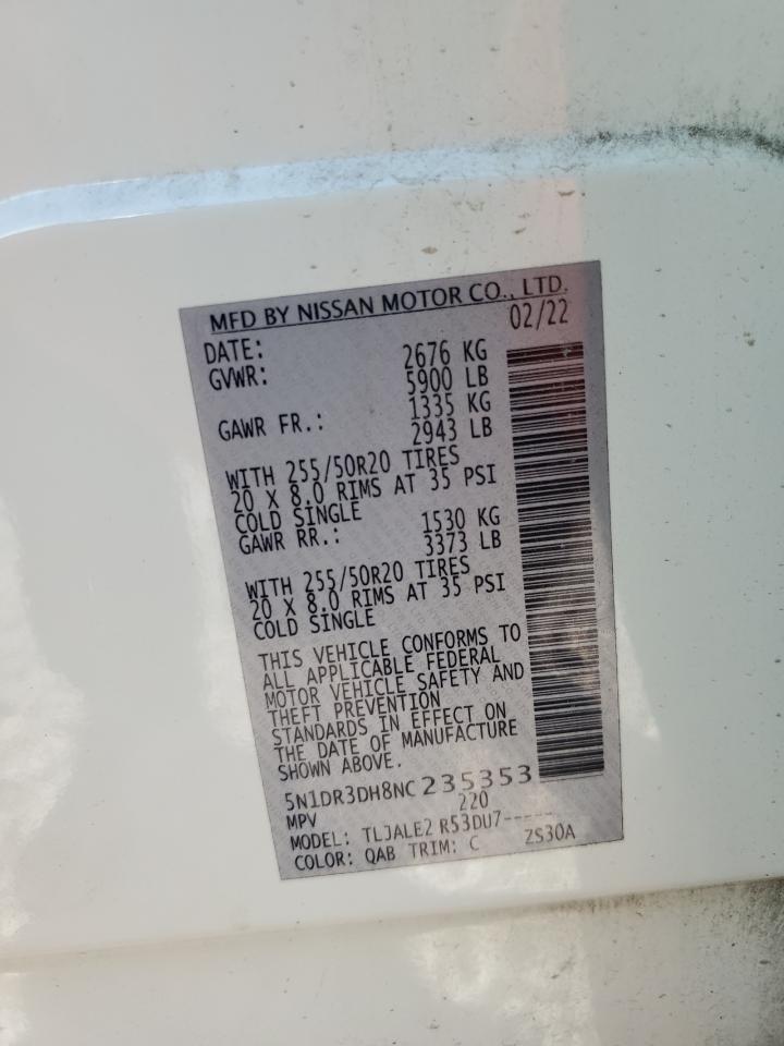 2022 Nissan Pathfinder Platinum VIN: 5N1DR3DH8NC235353 Lot: 92918205